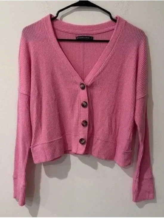 Abercrombie & Fitch Pink Ribbed Button-Front Cardigan - Picture 2 of 7